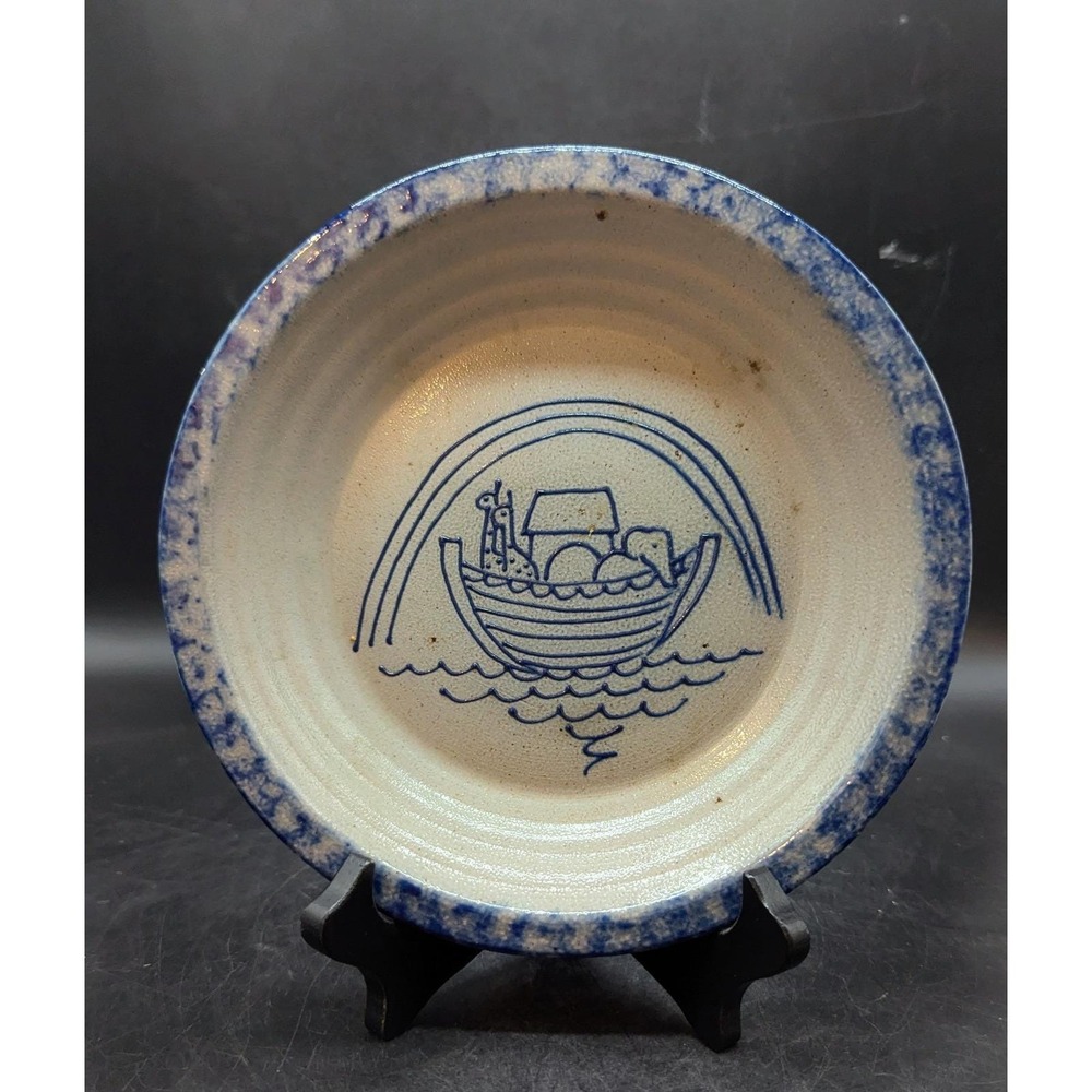 Eldreth Pottery Noah's Ark Pie Plate 1992 8" Signed Stoneware Saltglaze Blue